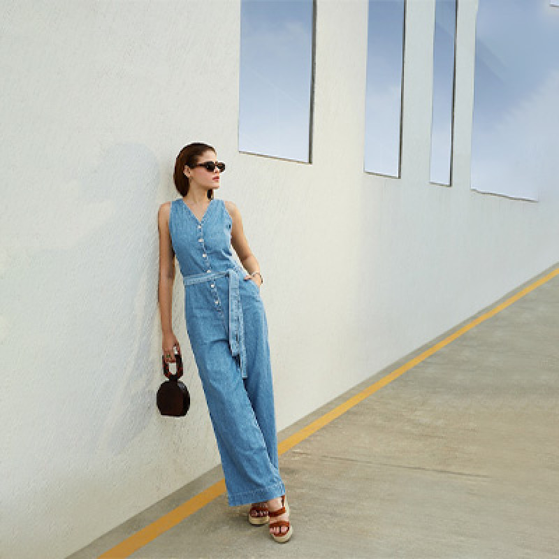 Blue Denim Pure Cotton Basic Jumpsuit