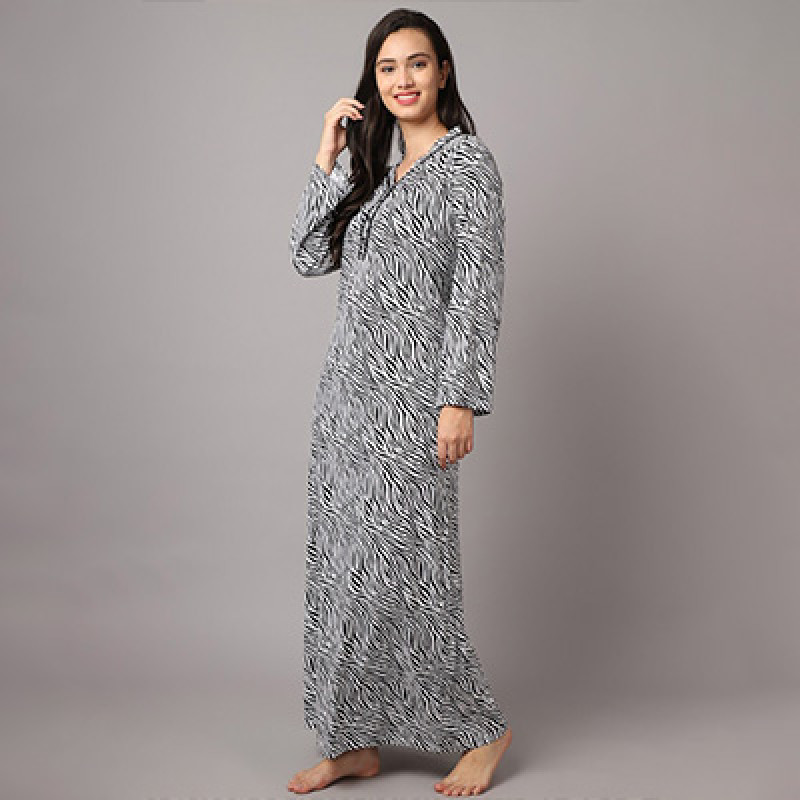 Women Black & White Printed Maxi Nightdress