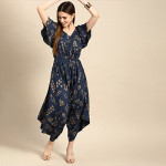 Navy Blue & Golden Ethnic Motifs Printed Basic Jumpsuit