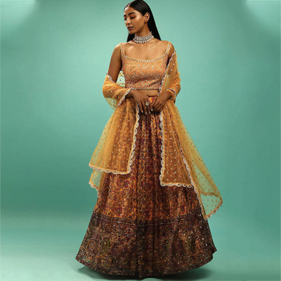 Yellow & Maroon Embellished Semi-Stitched Lehenga & Unstitched Blouse With Dupatta