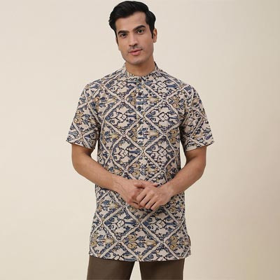 Men Beige & Blue Mandarin Collar Cotton Short Kurta