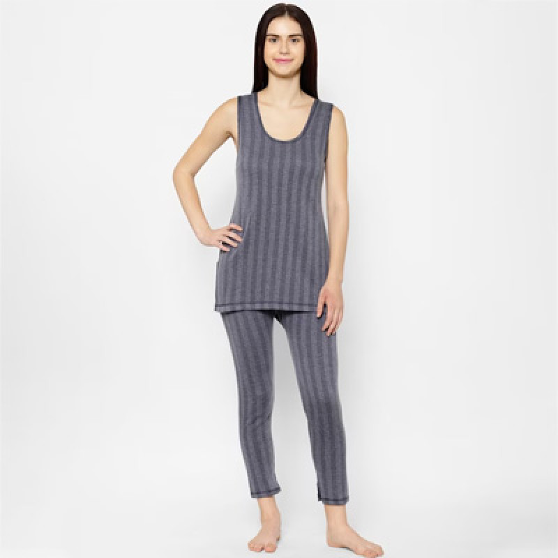 Women Grey Striped Thermal Set