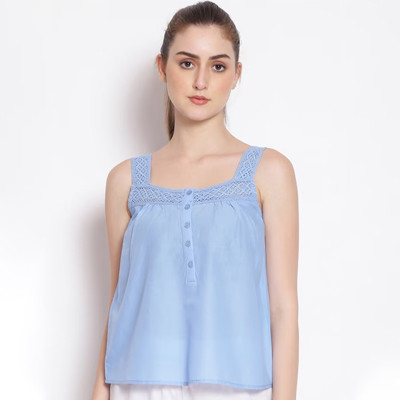 Women Blue Solid Cotton Lounge Top