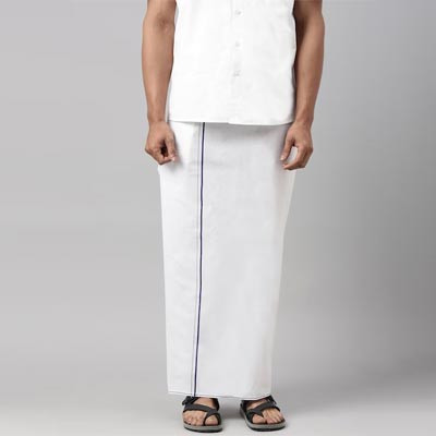 Men White & Blue Solid Pure Cotton Dhoti Has Blue Border