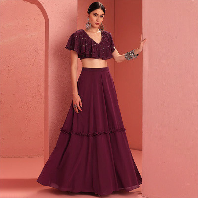 X Ridhi Mehra Women Maroon Solid Tiered Lehenga Skirt