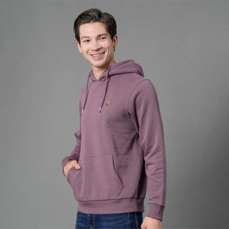 Men Mauve Solid Hooded Sweatshirt