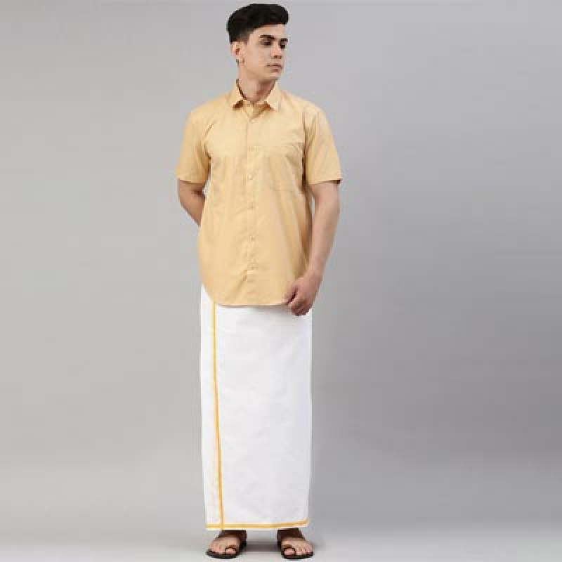 Men White & Yellow Solid Pure Cotton Dhoti