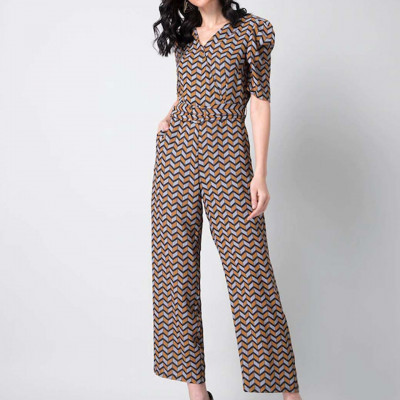 Women Mustard Yellow & Grey Printed Basic Jumpsuit