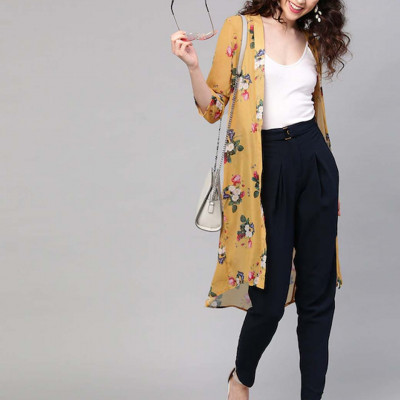 Mustard Yellow & Pink Floral Print Open Front Shrug