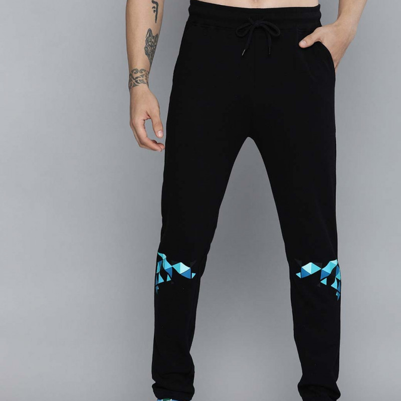 Men Black & Blue Printed Pure Cotton Track Pants