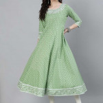 Women Green and White Ethnic Motifs Printed Handloom Anarkali Kurta