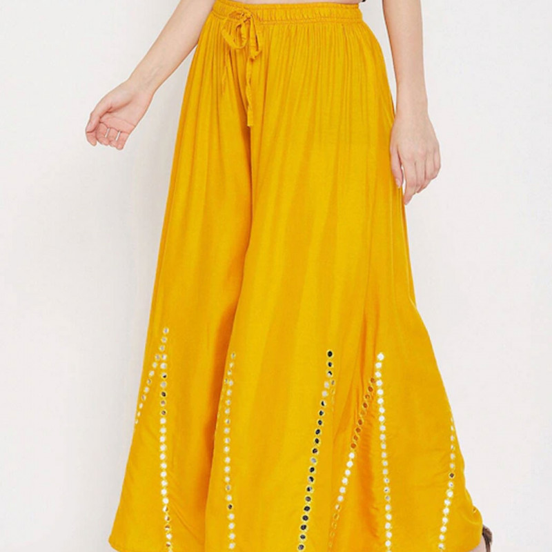 Women Mustard Yellow Embellished Flared Ethnic Palazzo