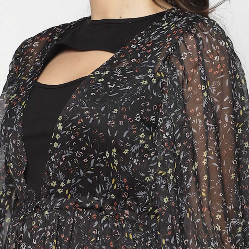 Women Black & Grey Printed Button Shrug