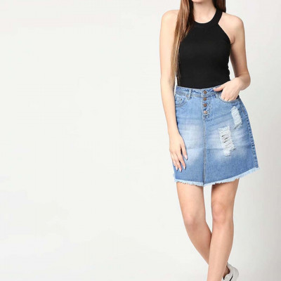 Women Blue Solid Distressed A-Line Mini Denim Skirt