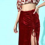 Women Maroon Solid Straight Velvet Skirt