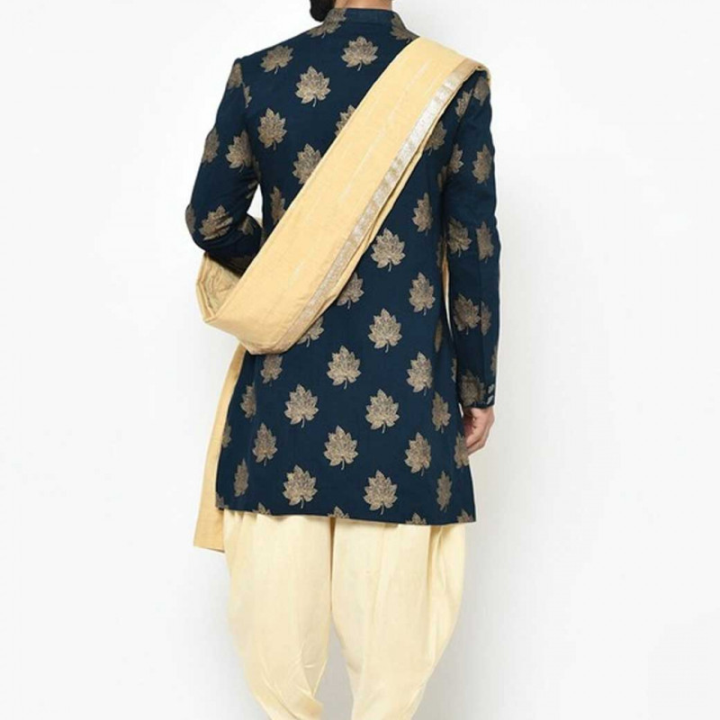 Men Navy Blue & Gold Printed Sherwani with Dhoti Pants