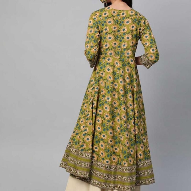 Women Green Teal Blue Floral Printed Anarkali Kurta